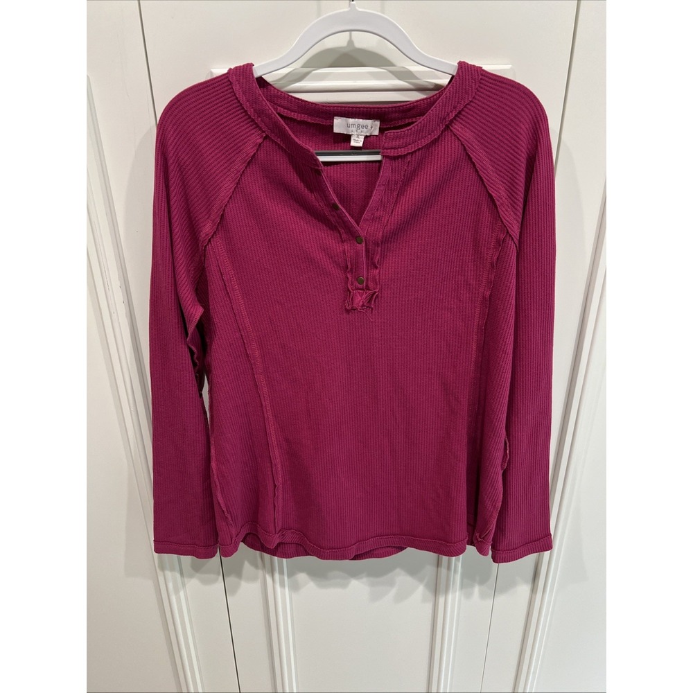 Umgee Fuchsia Pink Textured Henley Shirt Casual Boho Cotton Thermal